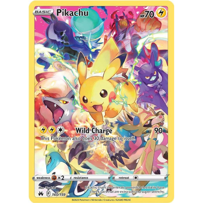Pokémon trading card featuring Pikachu with colorful background