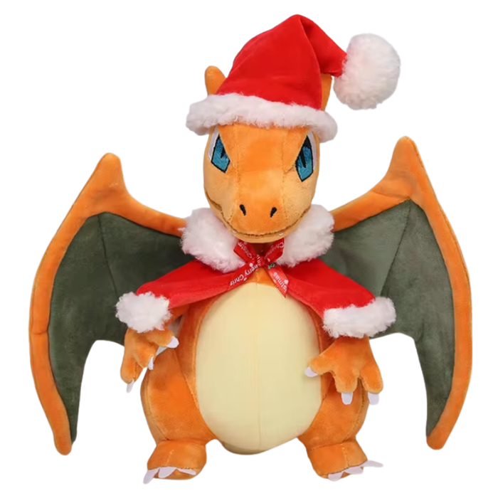 Plush toy of a dragon-like creature wearing a Santa hat and scarf on a white background