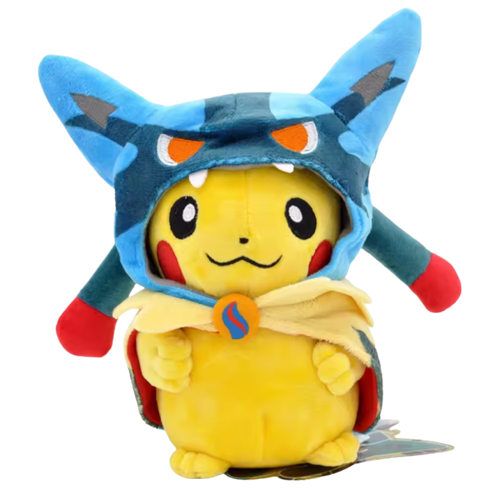 Plush toy of a yellow creature with blue helmet and red accents on a white background