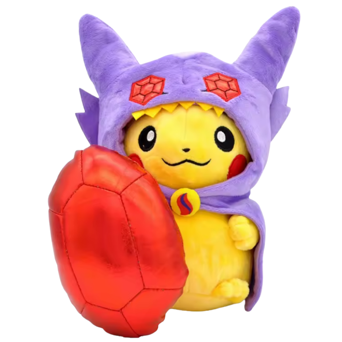 Plush toy of a character from a popular franchise with a purple hood and red shell on a white background