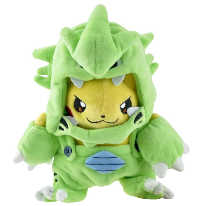 Plush toy of a character in a green dragon costume on a white background