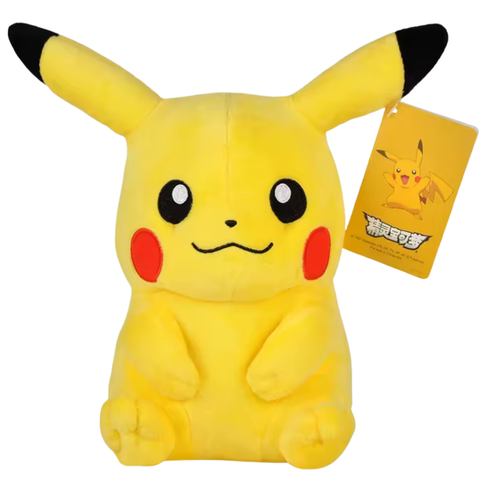 Plush toy resembling Pikachu with a tag on a white background