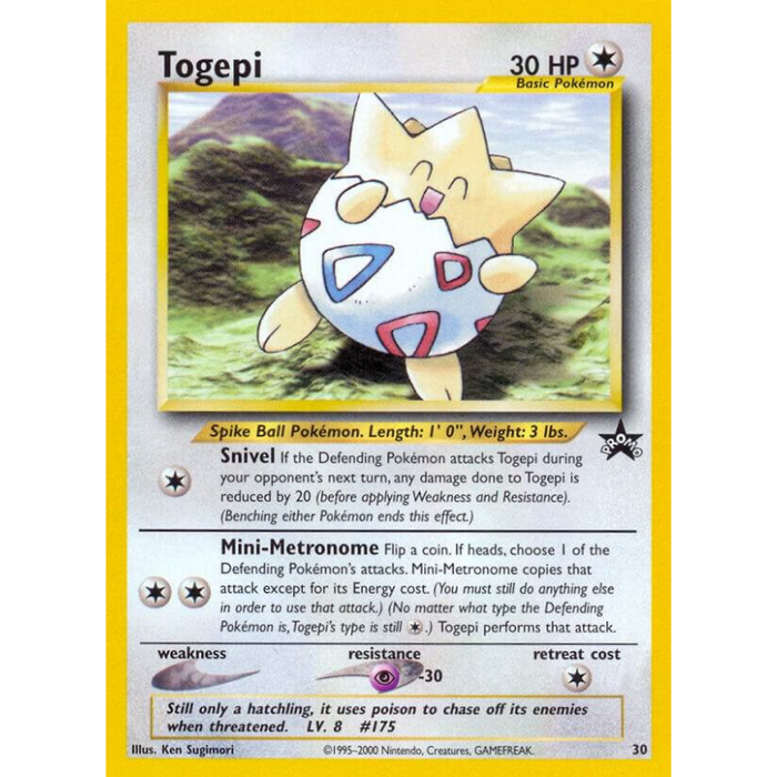 A vintage Pokémon trading card featuring Togepi, with a yellow border, black text, and a central illustration of the egg-shaped Pokémon character on a white card background.