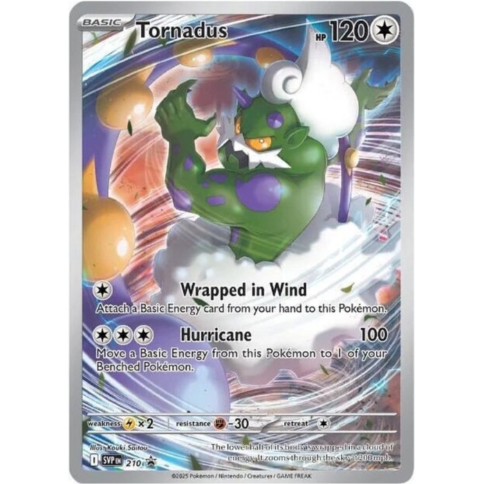 Pokémon trading card featuring Tornadus with colorful design and text.