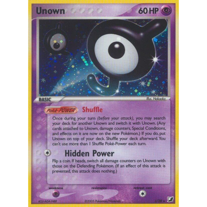 Pokémon trading card featuring Unown with purple border and text