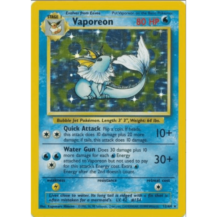 Vaporeon Pokémon trading card with blue and yellow border
