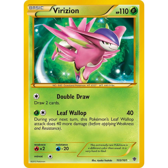 Pokémon trading card featuring Virizion with green and yellow border