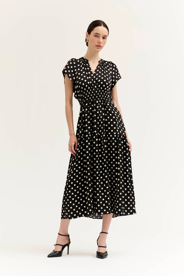 Polka Dot Ruffle Satin Midi Dress