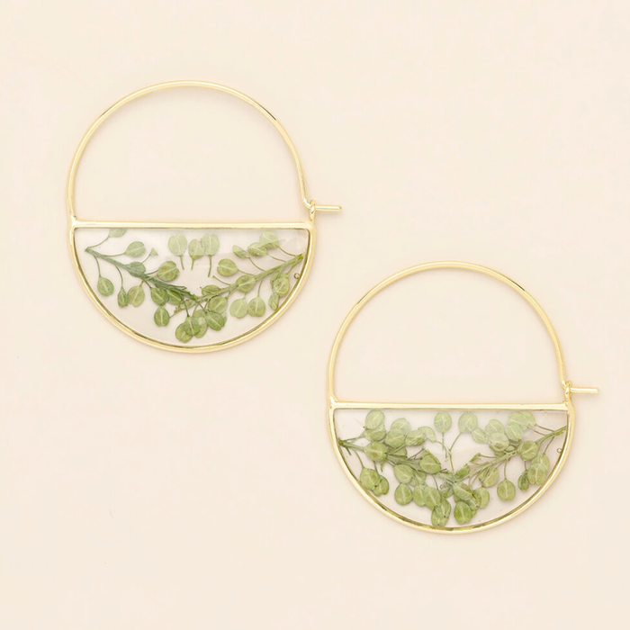 Pressed Flower Hoop Earring - Green Peppergrass/Gold