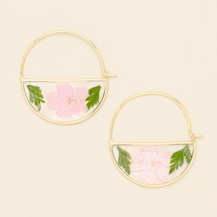 Pressed Flower Hoop Earring - Pink Cherry Blossom/Gold