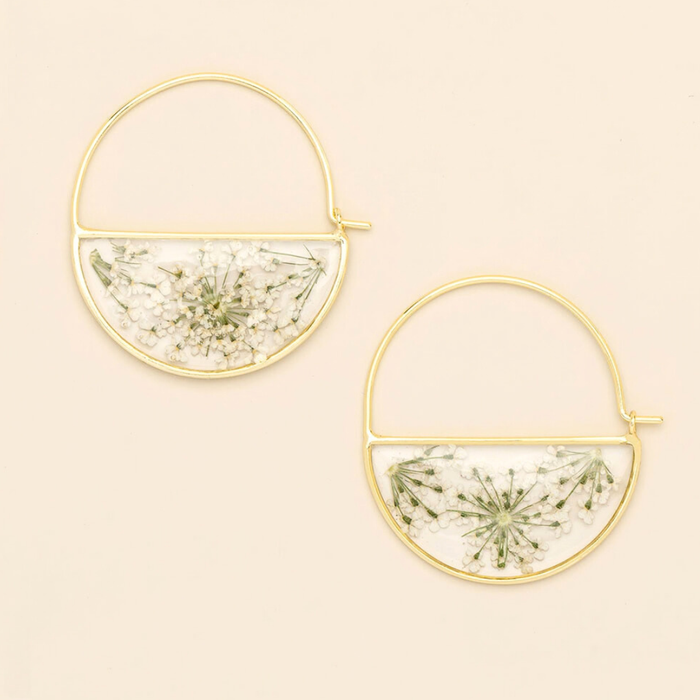 Pressed Flower Hoop Earring - White Lace Flower/Gold