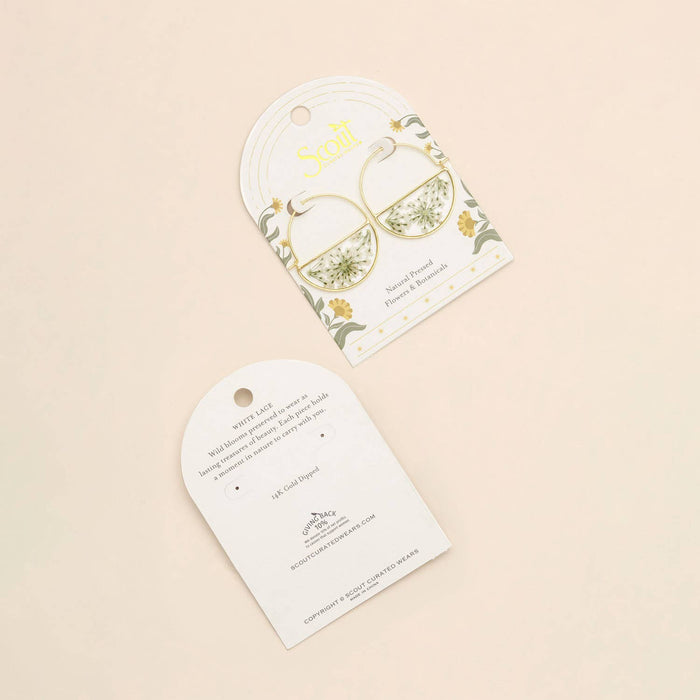 Pressed Flower Hoop Earring - White Lace Flower/Gold