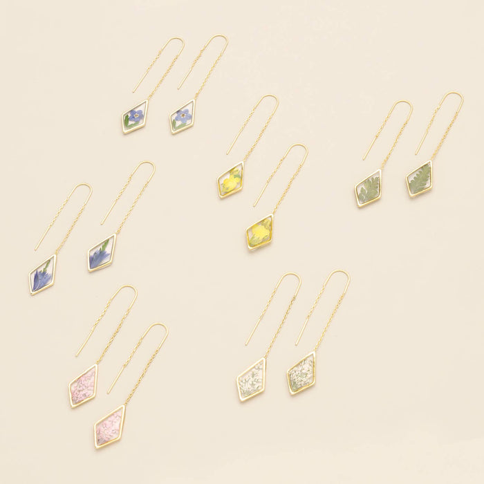 Pressed Flower Thread Earring - Pink Lace Flower/Gold