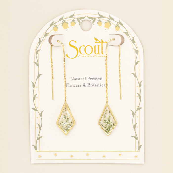 Pressed Flower Thread Earring - White Lace Flower/Gold