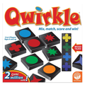 Qwirkle board game packaging with colorful tiles and text on a white background