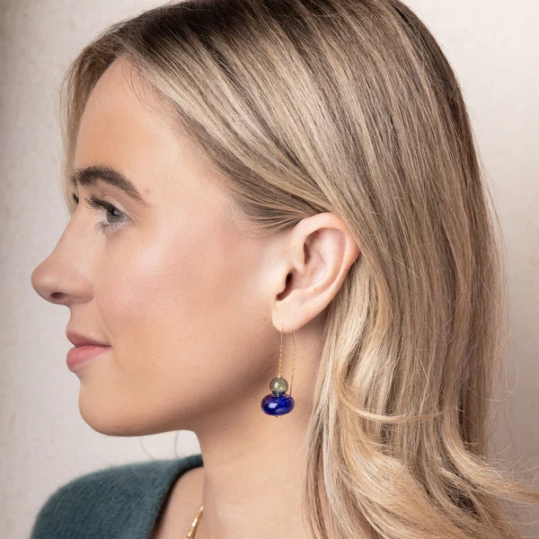 Refined Glass Stacked Threader Earrings in Teal/Blue/Gold