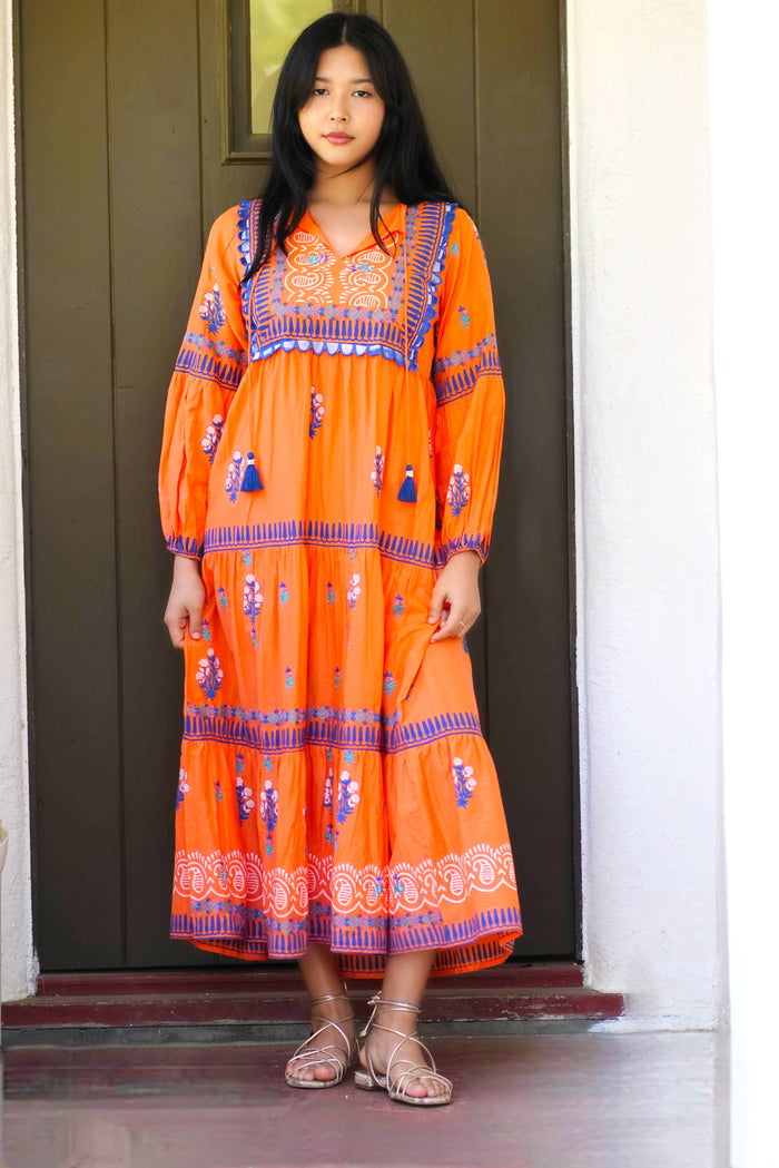 Rita Hand Block Printed Maxi Dress Orange