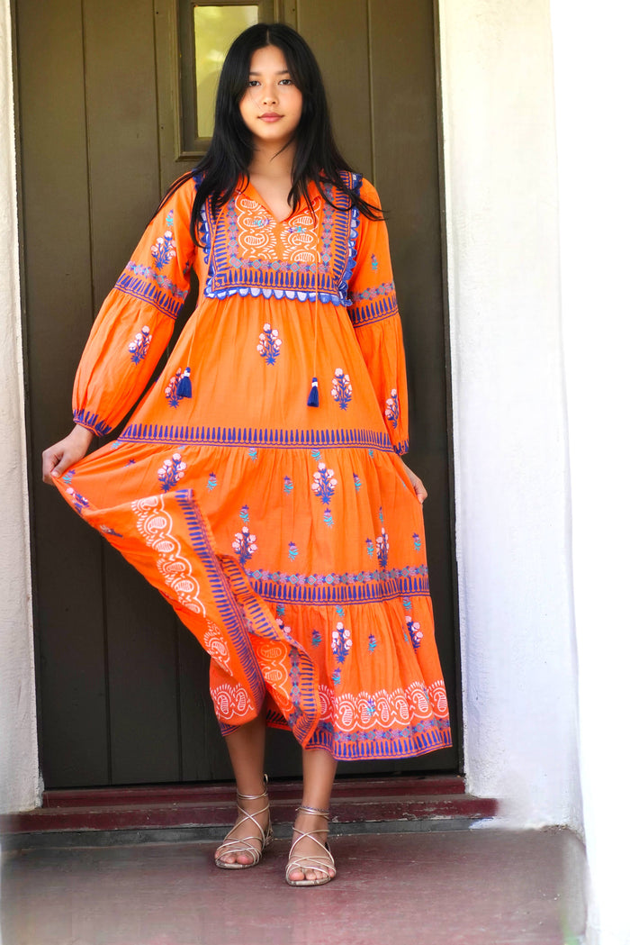 Rita Hand Block Printed Maxi Dress Orange