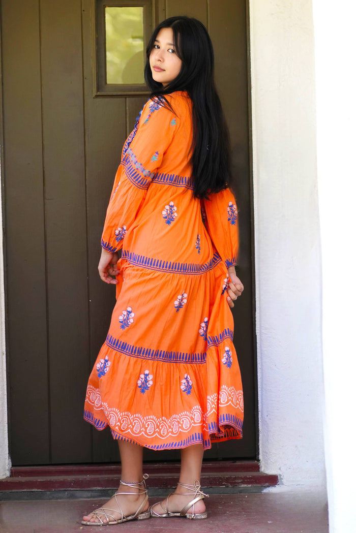 Rita Hand Block Printed Maxi Dress Orange
