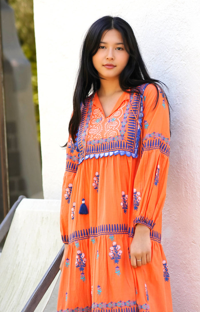 Rita Hand Block Printed Maxi Dress Orange