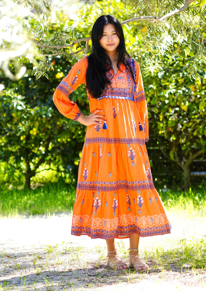 Rita Hand Block Printed Maxi Dress Orange