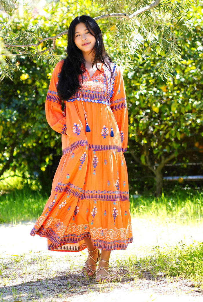 Rita Hand Block Printed Maxi Dress Orange