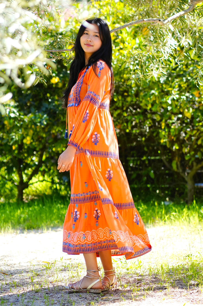 Rita Hand Block Printed Maxi Dress Orange