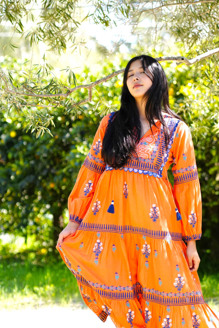 Rita Hand Block Printed Maxi Dress Orange