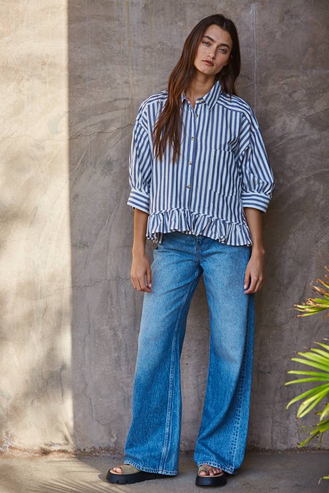 Ruffle Hem Striped Buttondown Shirt in Blue