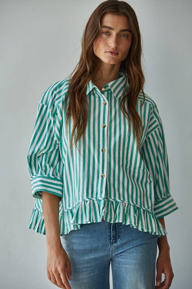 Ruffle Hem Striped Buttondown Shirt in Green