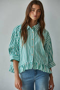 Ruffle Hem Striped Buttondown Shirt in Green