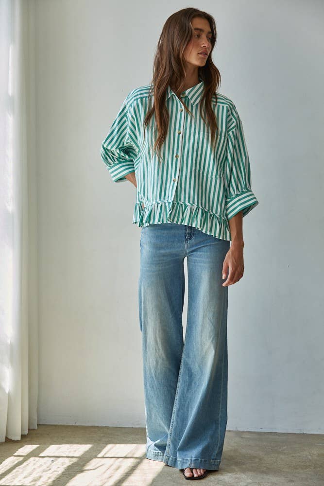 Ruffle Hem Striped Buttondown Shirt in Green