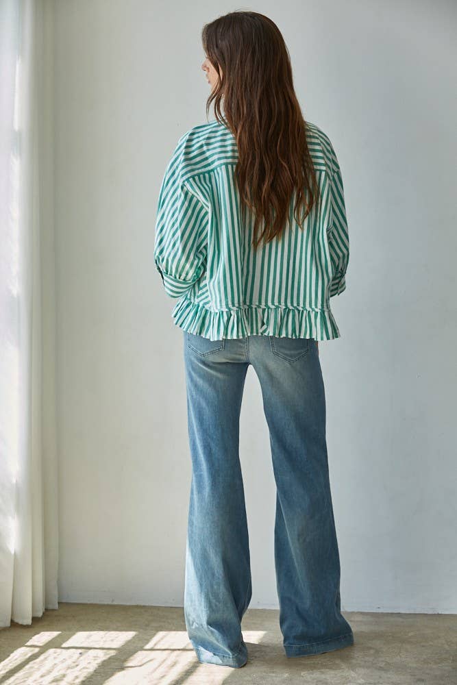 Ruffle Hem Striped Buttondown Shirt in Green