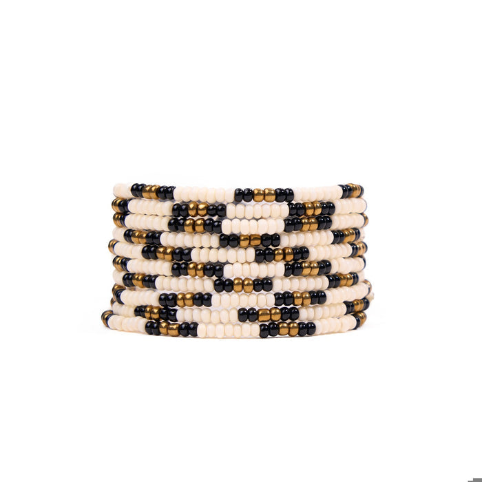 Sage 10-Strand Beaded Stretch Bracelet in Gold, Black + Ivory by INK + ALLOY