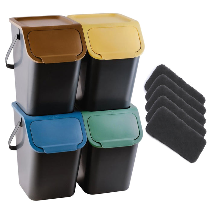 Set of 4 black BINI recycling bins with colored lids (yellow/green/blue/brown) + 5 carbon filters