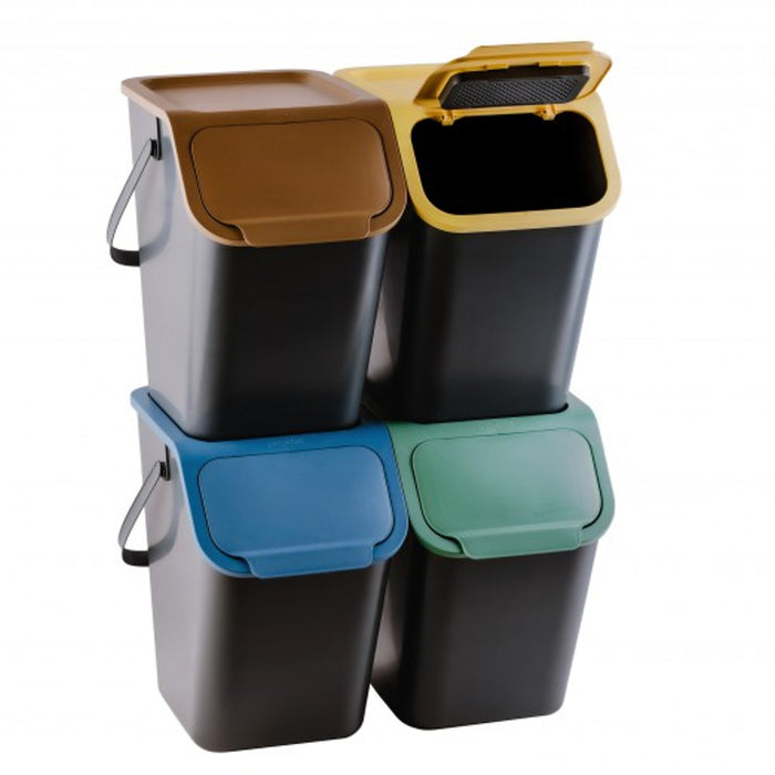 Set of 4 black BINI recycling bins with colored lids (yellow/green/blue/brown) + 5 carbon filters