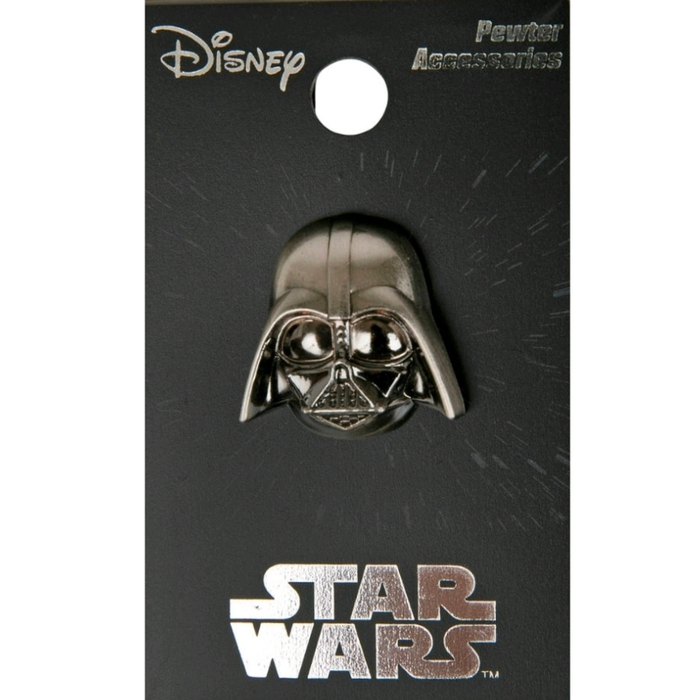 A metallic Darth Vader helmet pin from Power Accessories, displayed on its black Disney Star Wars backing card.