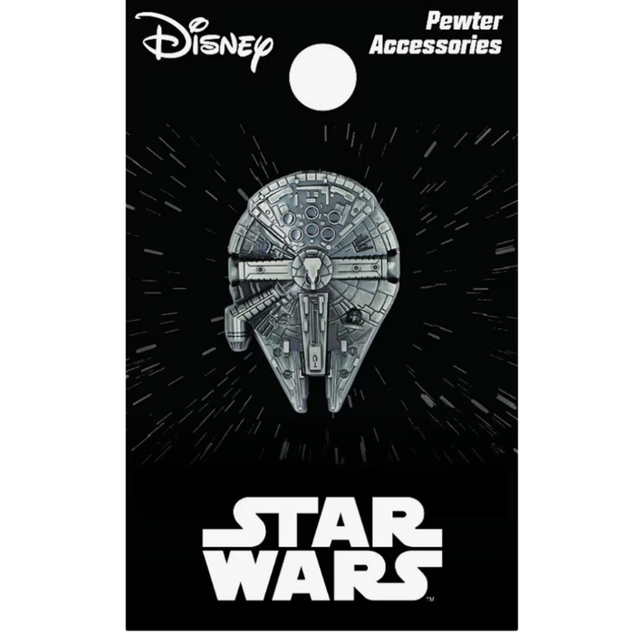 Disney Pawter Accessories Star Wars Millennium Falcon enamel pin on its original black display card packaging, featuring the Disney and Star Wars logos.