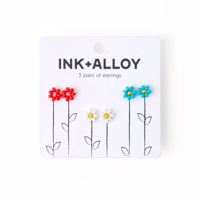 Tina Flower Earrings Trio Set in Aqua, Tomato And White