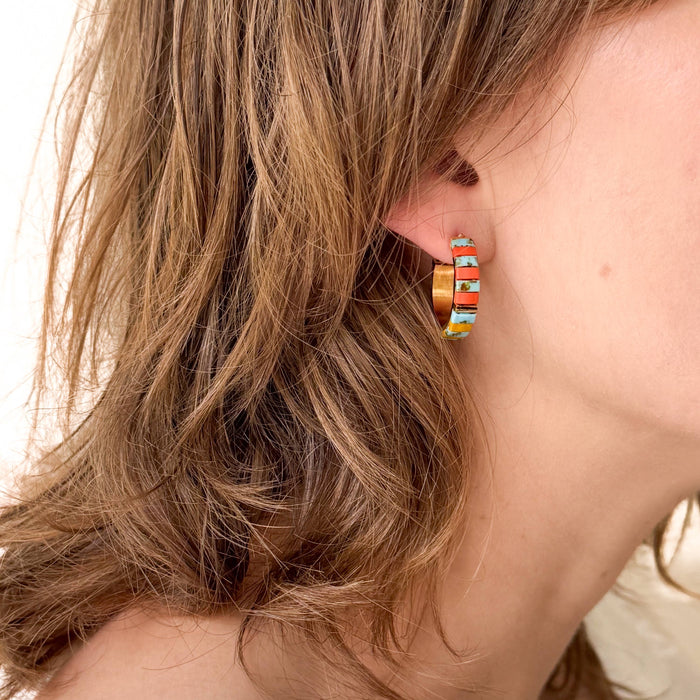 Turquoise Tila Bead Hoop Earrings
