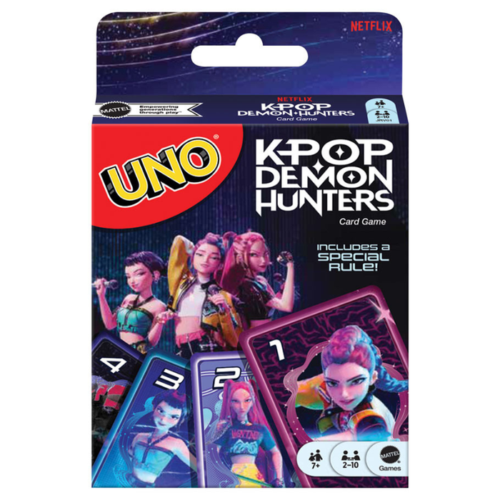 UNO K-POP DEMON HUNTERS card game packaging with characters and Netflix logo.