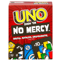 Packaging for the card game UNO: Show 'Em No Mercy', featuring the game's name and a graphic of cards with a red background.