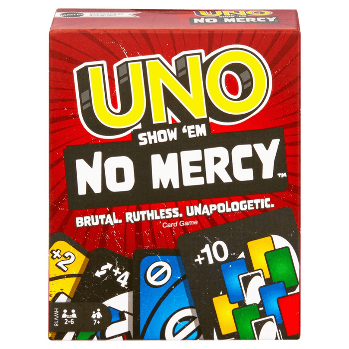 Packaging for the card game UNO: Show 'Em No Mercy', featuring the game's name and a graphic of cards with a red background.