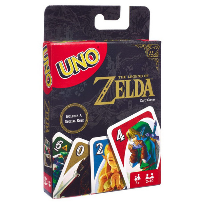 Packaging for 'UNO: The Legend of Zelda' card game featuring iconic characters from the video game series.