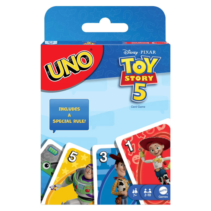 UNO card game packaging featuring Toy Story 5 characters on a white background