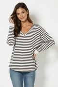 V-Neck Easy Fit Top in Ivory/Charcoal Stripe