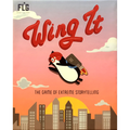 Front cover of the board game 'Wing It' by FLG, featuring a stylized penguin wearing a red flight helmet and backpack with a jet flame, flying against a pink and orange sunset sky with clouds and a city skyline.